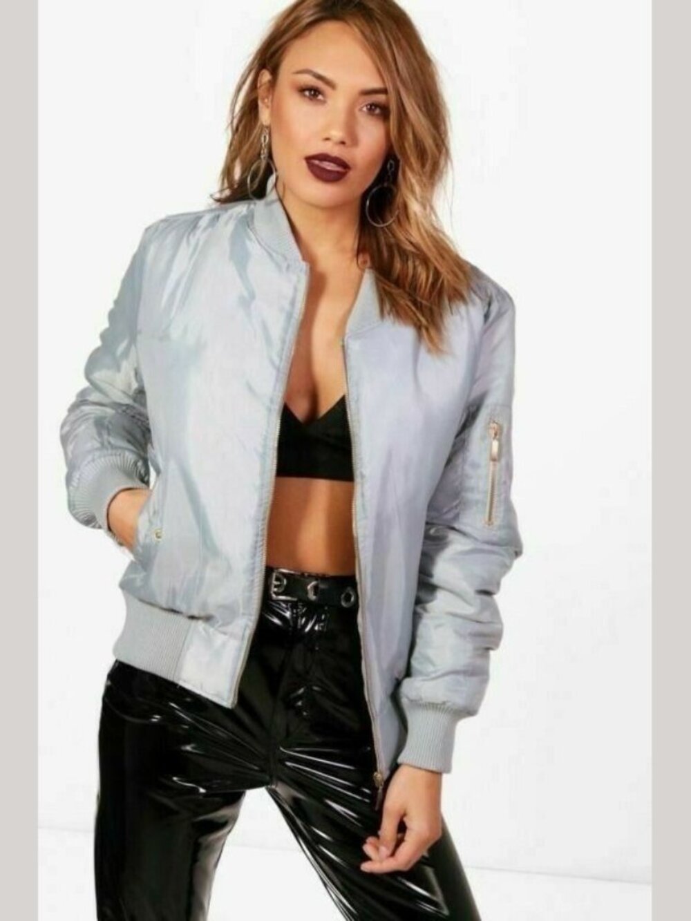 Bomber Puffer Jacket Coat Gray NEW Full Zip Boutique Fashion Designer M Trendy
